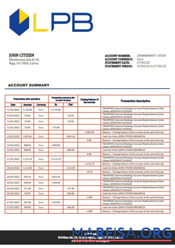 Realistic Latvia LPB bank statement word template